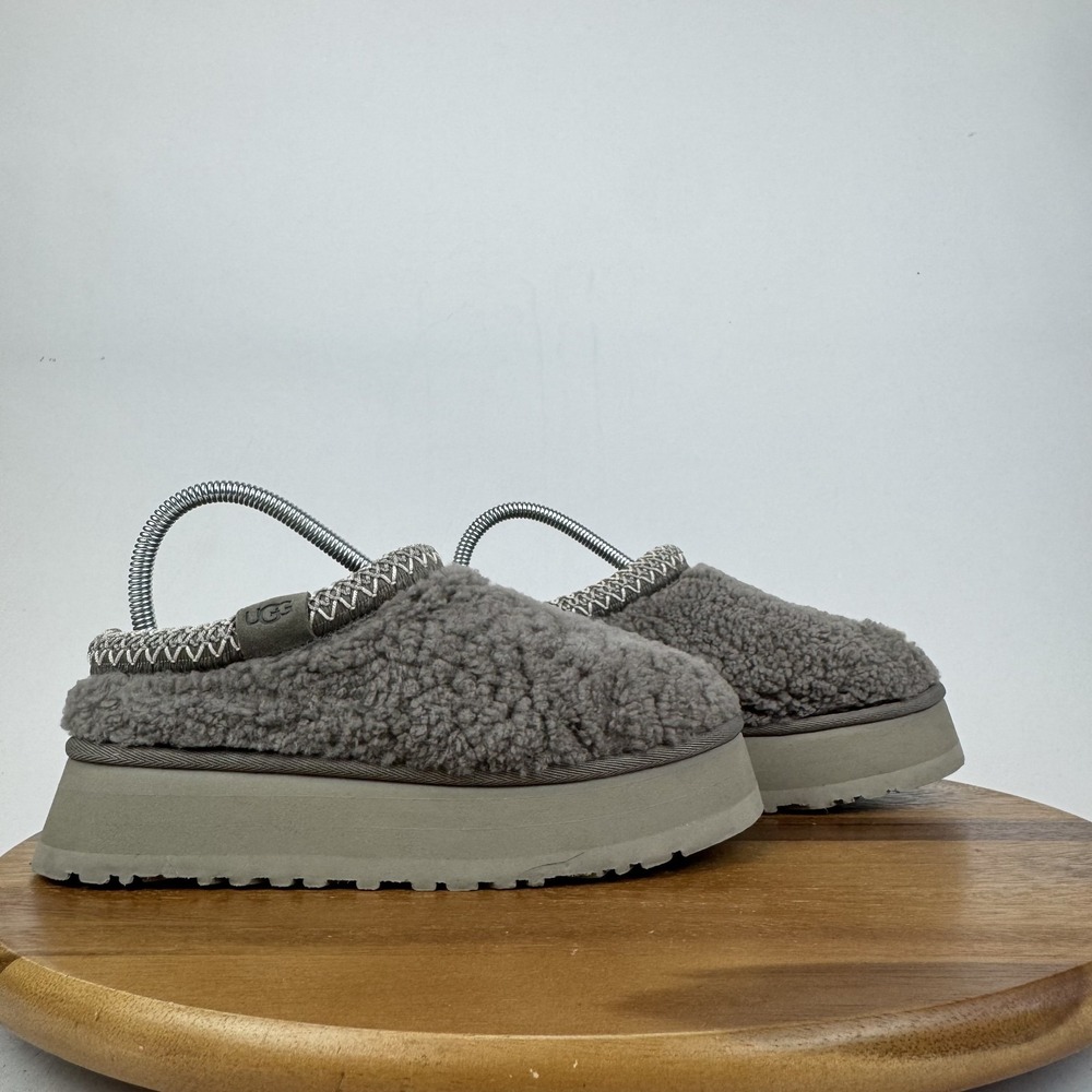 Womens Ugg Tazz Maxi Curly Grey‎ Shearling Lined Platfrom Slippers Size 6 M GUC